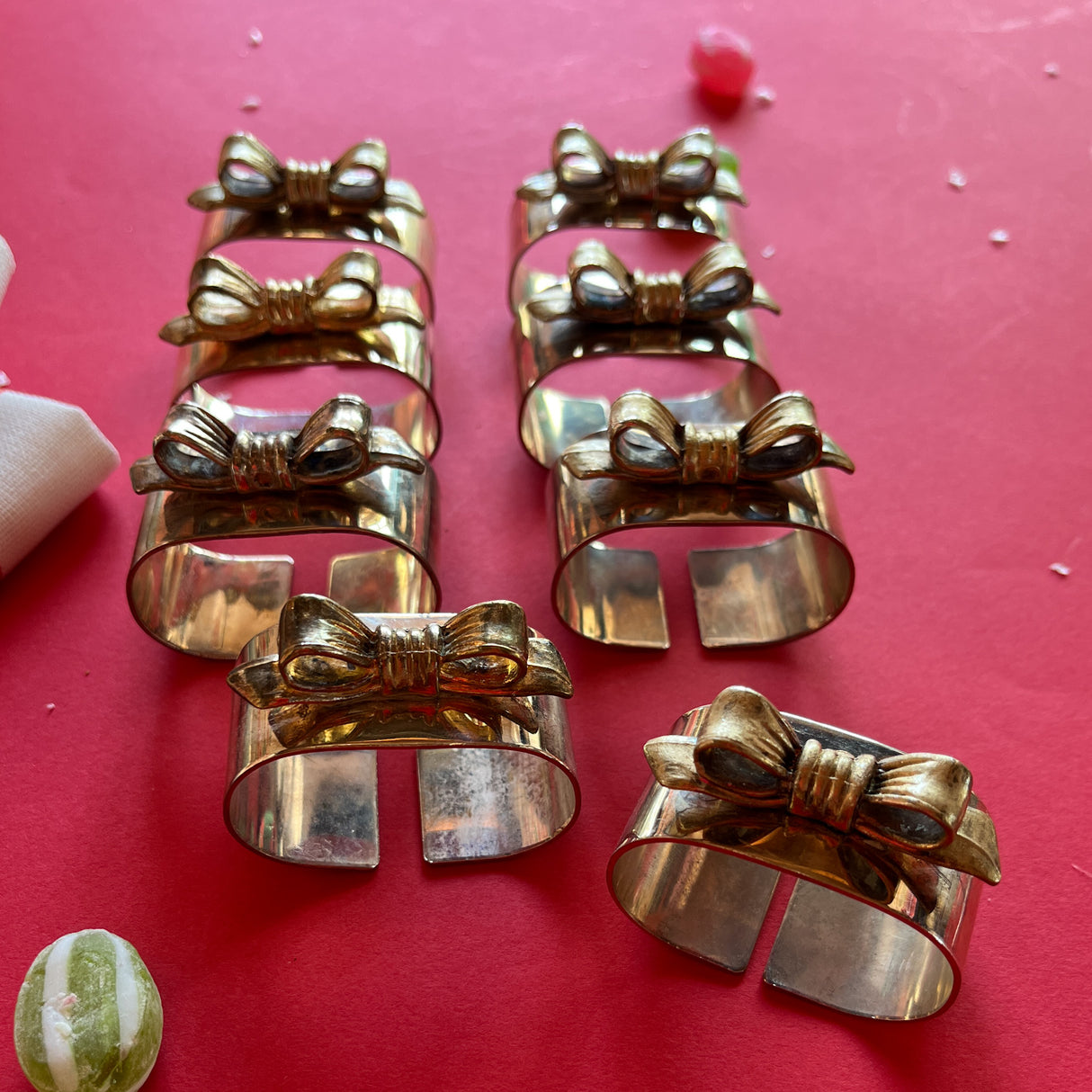 Vintage Christmas Metal Bows Napkin Rings, Set of 8