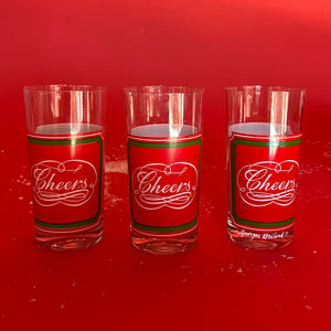 Vintage Cheers Calligraphy Tall Red/Green Drinks Glasses, Set of 6