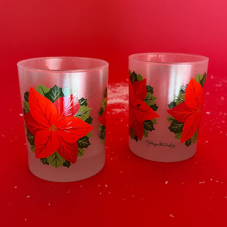 Vintage Frosted Georges Briard Poinsettia Drinks Glasses, Set of 8