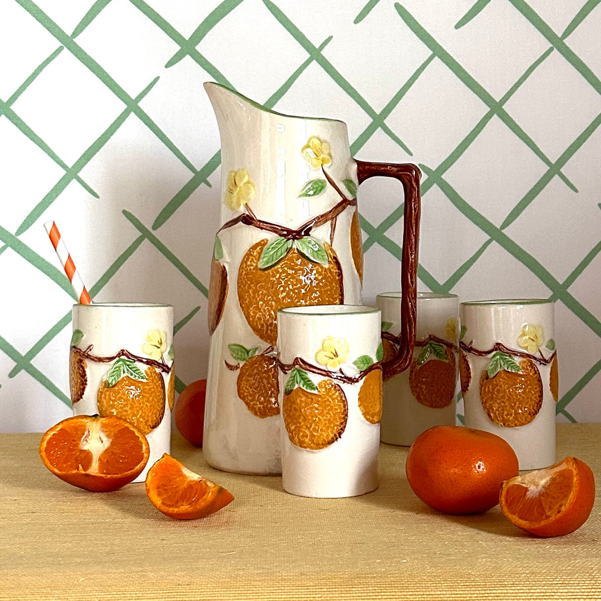 Vintage Orange Juice Pitcher/Cups, Set of 7