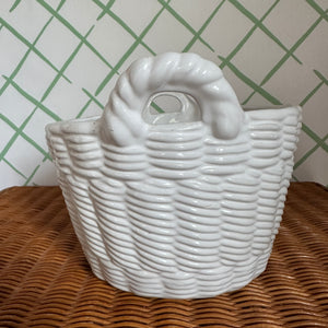 Vintage White Ceramic Portuguese Basketweave Cachepot