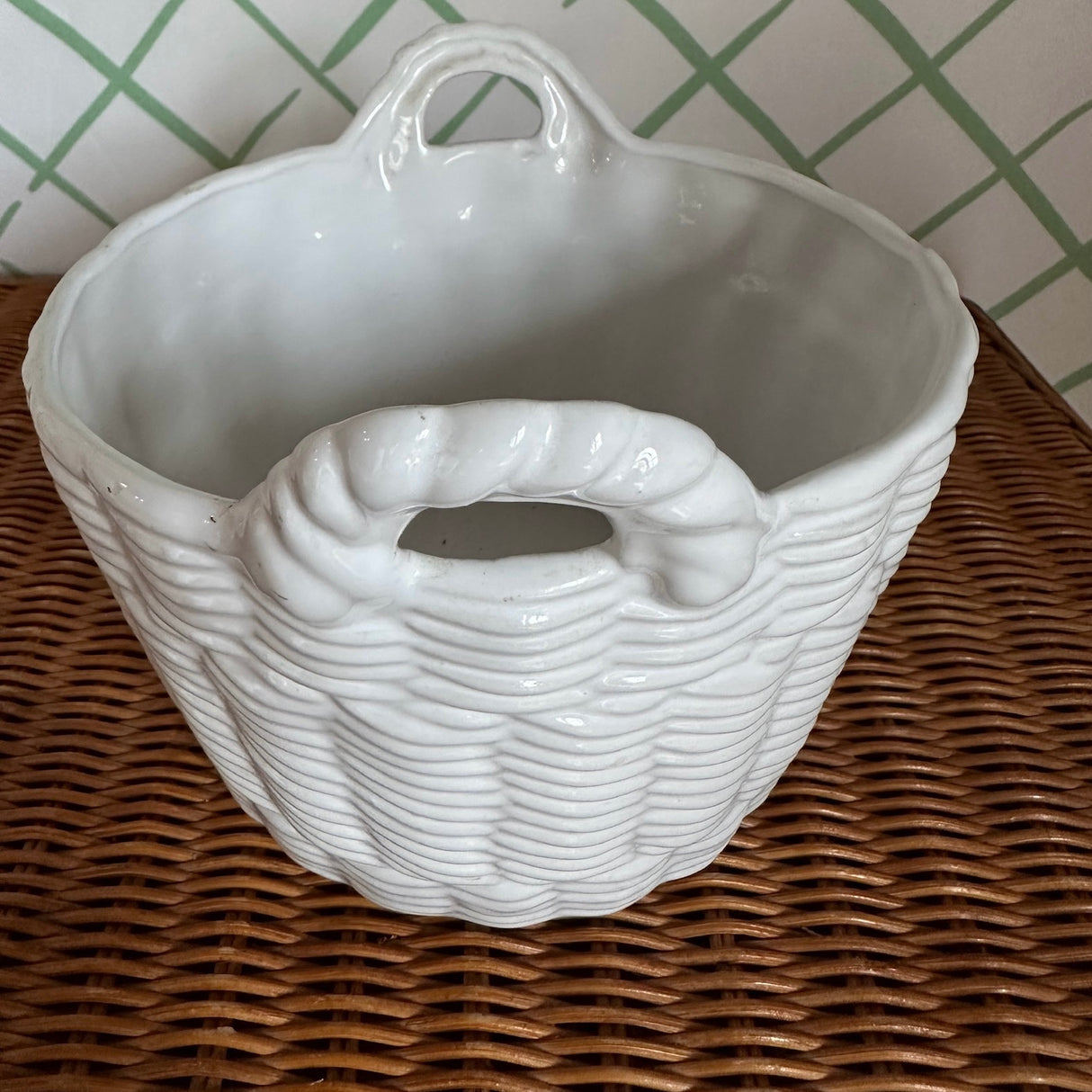 Vintage White Ceramic Portuguese Basketweave Cachepot