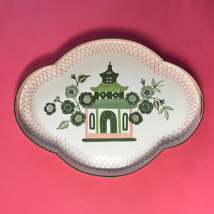 Pagoda Blossoms Tole Metal Hand-Painted Serving Tray