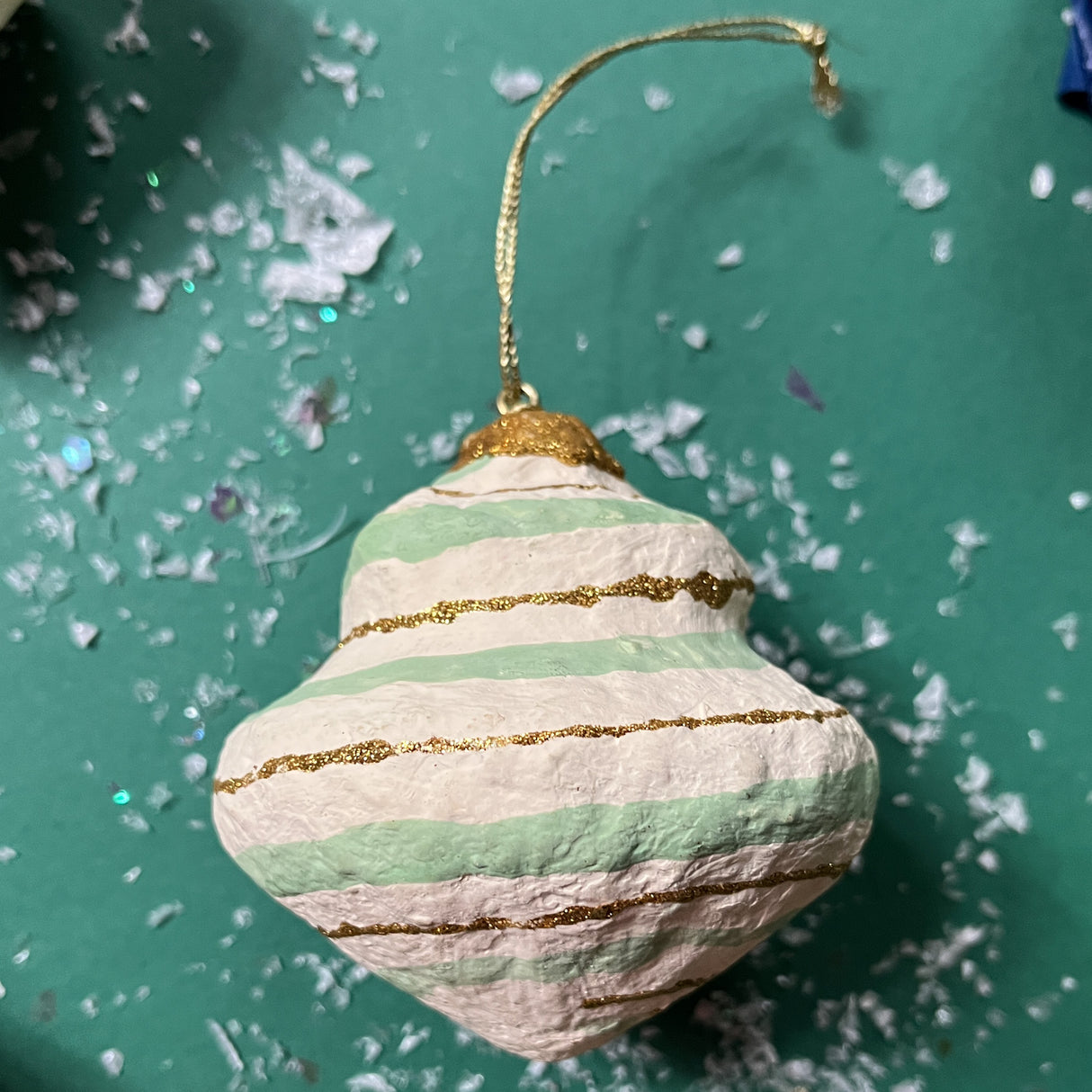 Green/White/Gold Papier-Maché Drop Christmas Ornaments, Set of 6