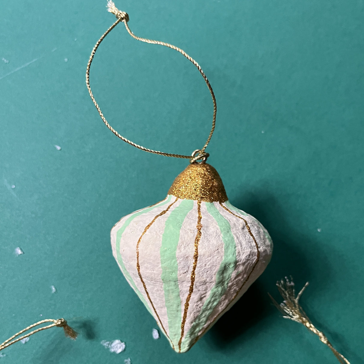 Green/White/Gold Papier-Maché Drop Christmas Ornaments, Set of 6