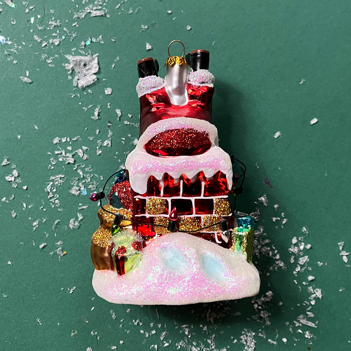 Santa's Stuck in the Chimney Glass Christmas Ornament