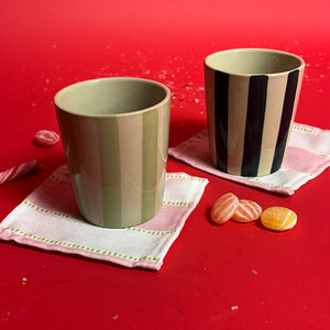 Hand-Painted Blue/Green-Striped Ceramic Cups, Set of 2