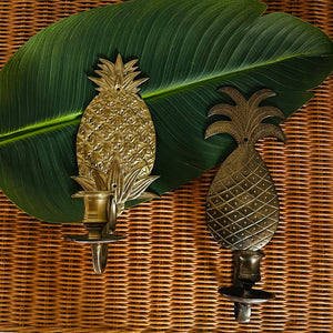 Vintage Heavy Brass Wall-Mount Pineapple Candleholders, Pair