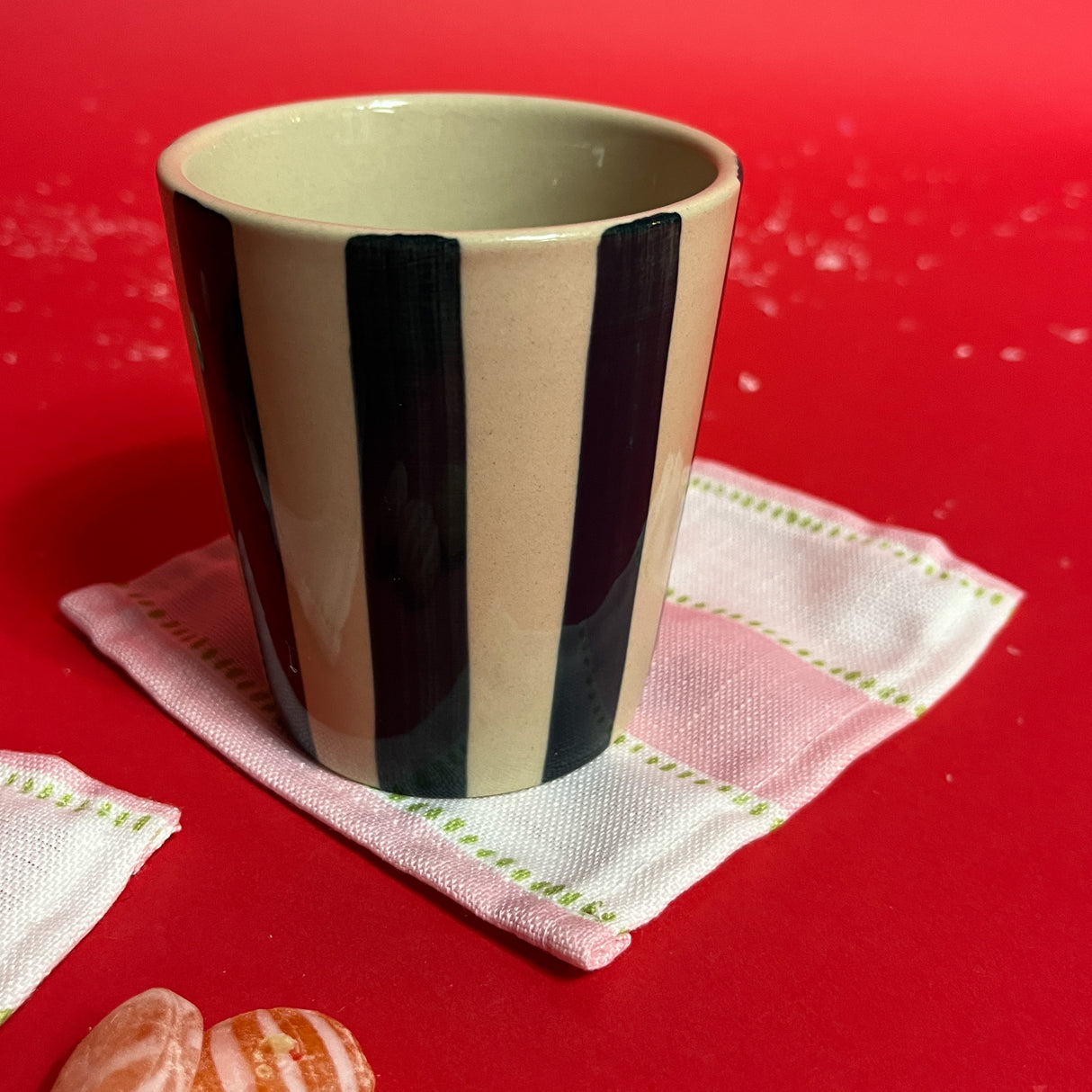 Hand-Painted Blue/Green-Striped Ceramic Cups, Set of 2