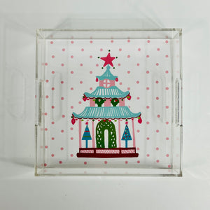 Christmas Pagoda Acrylic Serving Tray with Handles, Blue