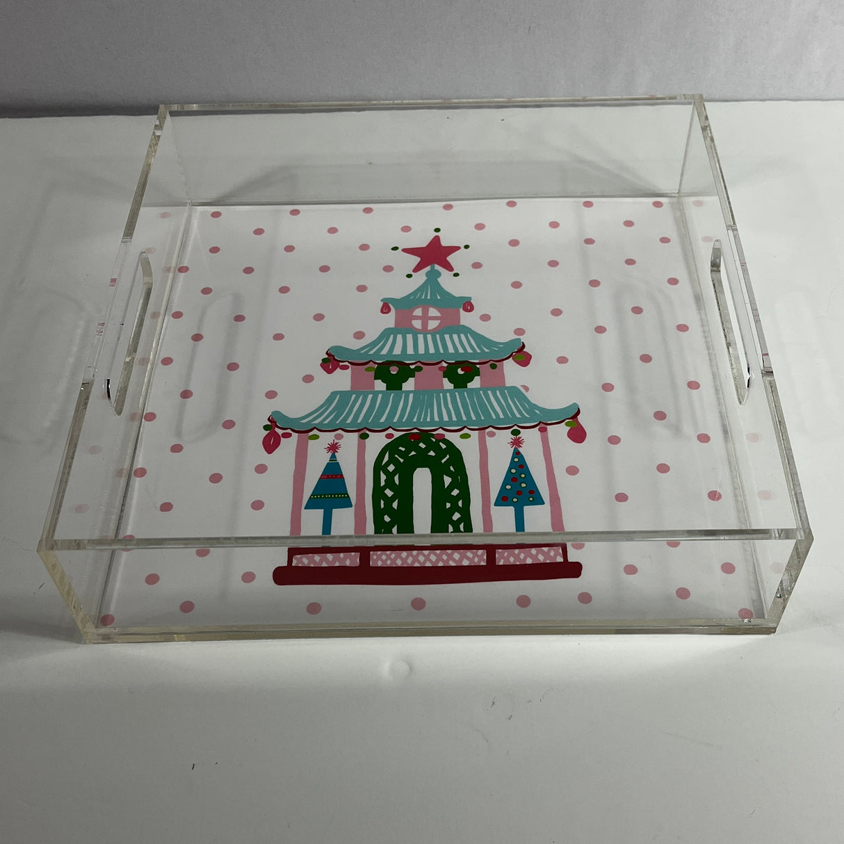 Christmas Pagoda Acrylic Serving Tray with Handles, Blue