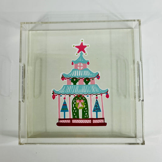 Holiday Blue Pagoda Acrylic Tray w/ White Background