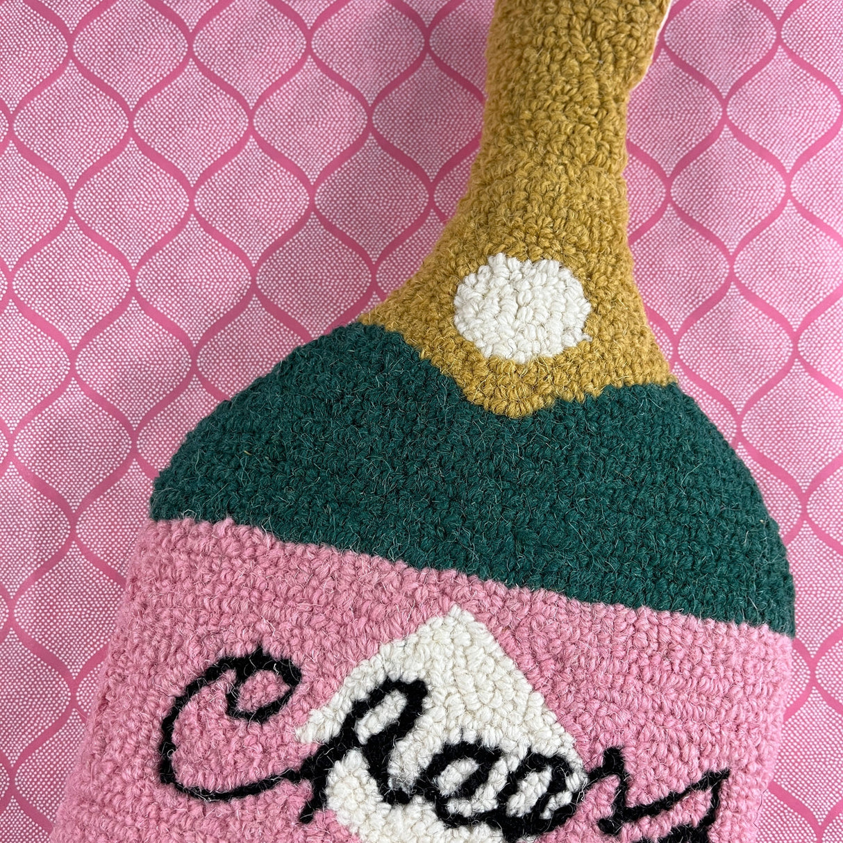 Champagne Bottle 16" x 9" Hooked-Wool Pillow