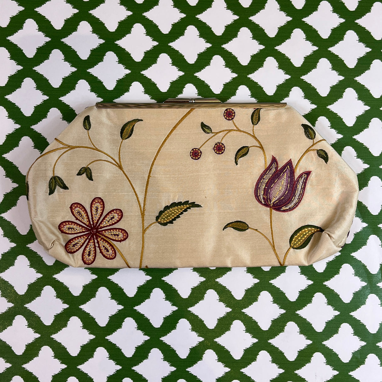 Beige Silk Floral Clutch