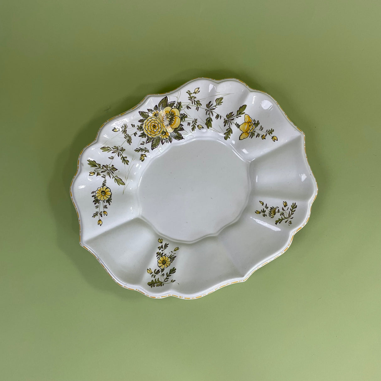 Vintage Italian Floral Ceramic Yellow/Green Scalloped Serving Tray