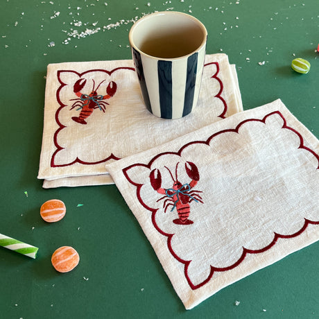 Embroidered Lobster Linen Cocktail Napkins/Coasters, Set of 4