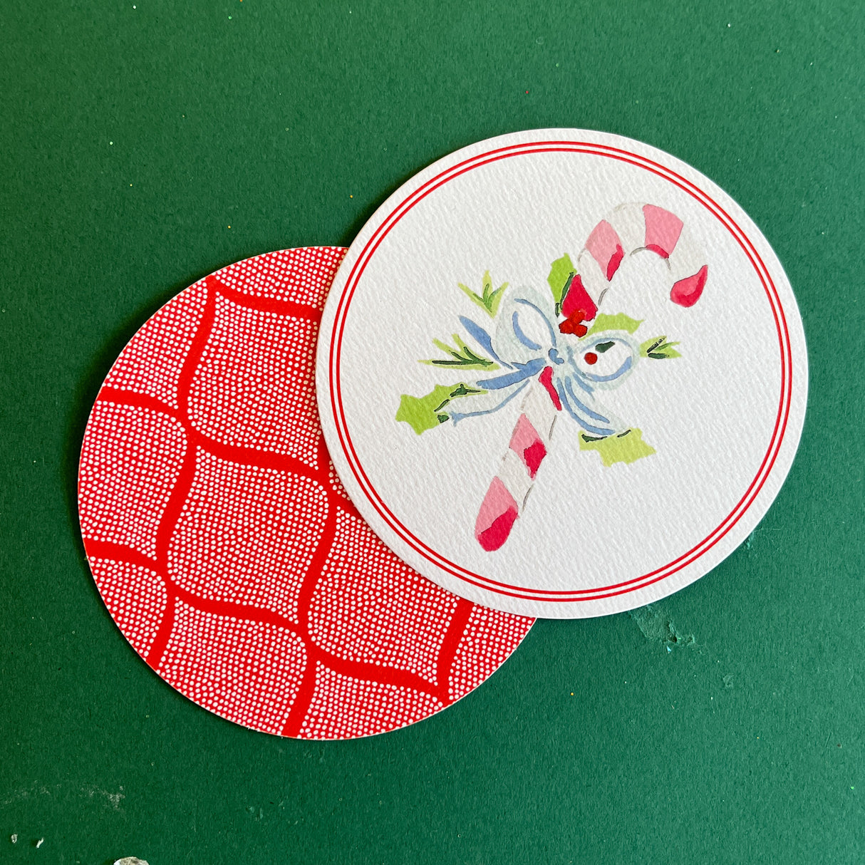 Christmas Watercolors Round Paper Coasters/Candy Cane/Bell/Ornament