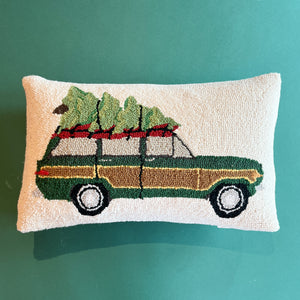 Hooked Wool Wagoneer Christmas Pillow