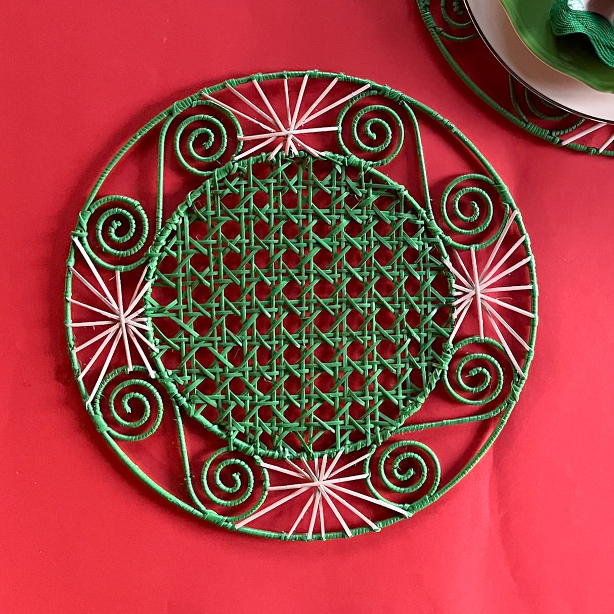 Pink/Green Round Hand-woven Rattan Charger/Placemat