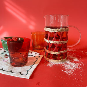 Red/Natural Rattan-Wrapped Glass Serving Pitcher