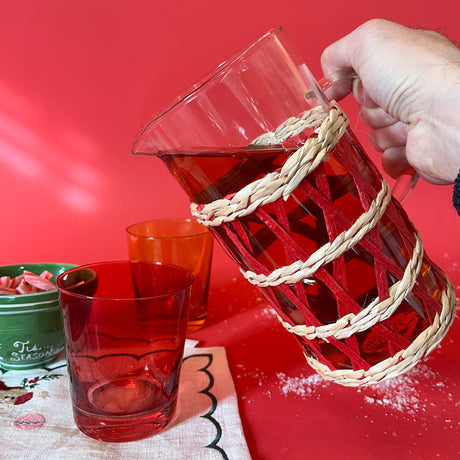 Red/Natural Rattan-Wrapped Glass Serving Pitcher