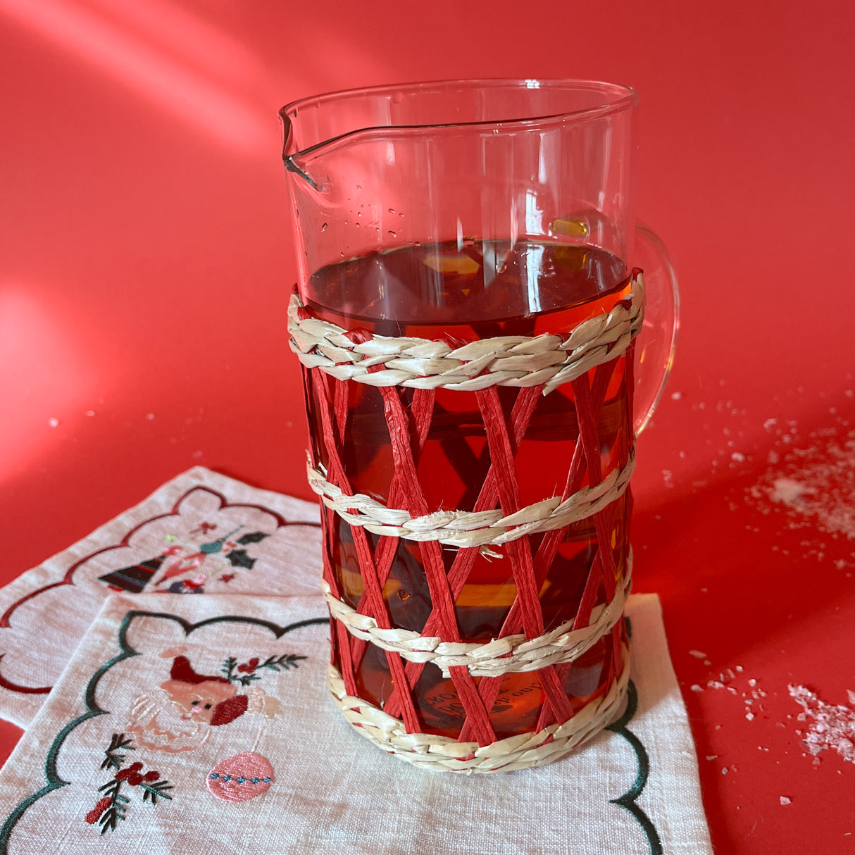 Red/Natural Rattan-Wrapped Glass Serving Pitcher