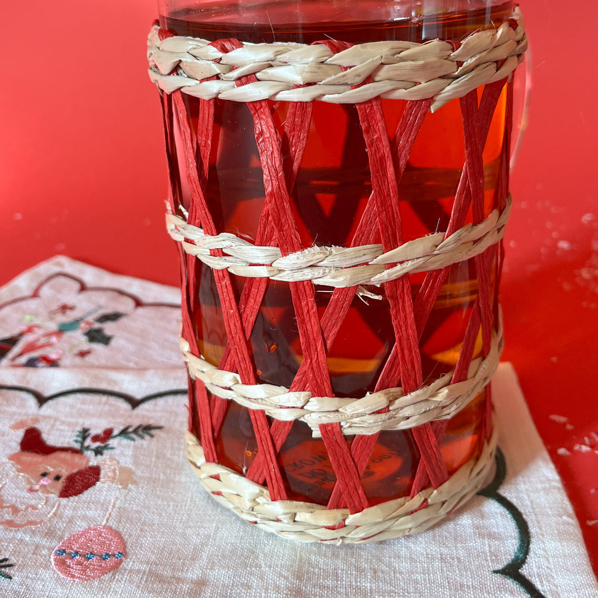 Red/Natural Rattan-Wrapped Glass Serving Pitcher