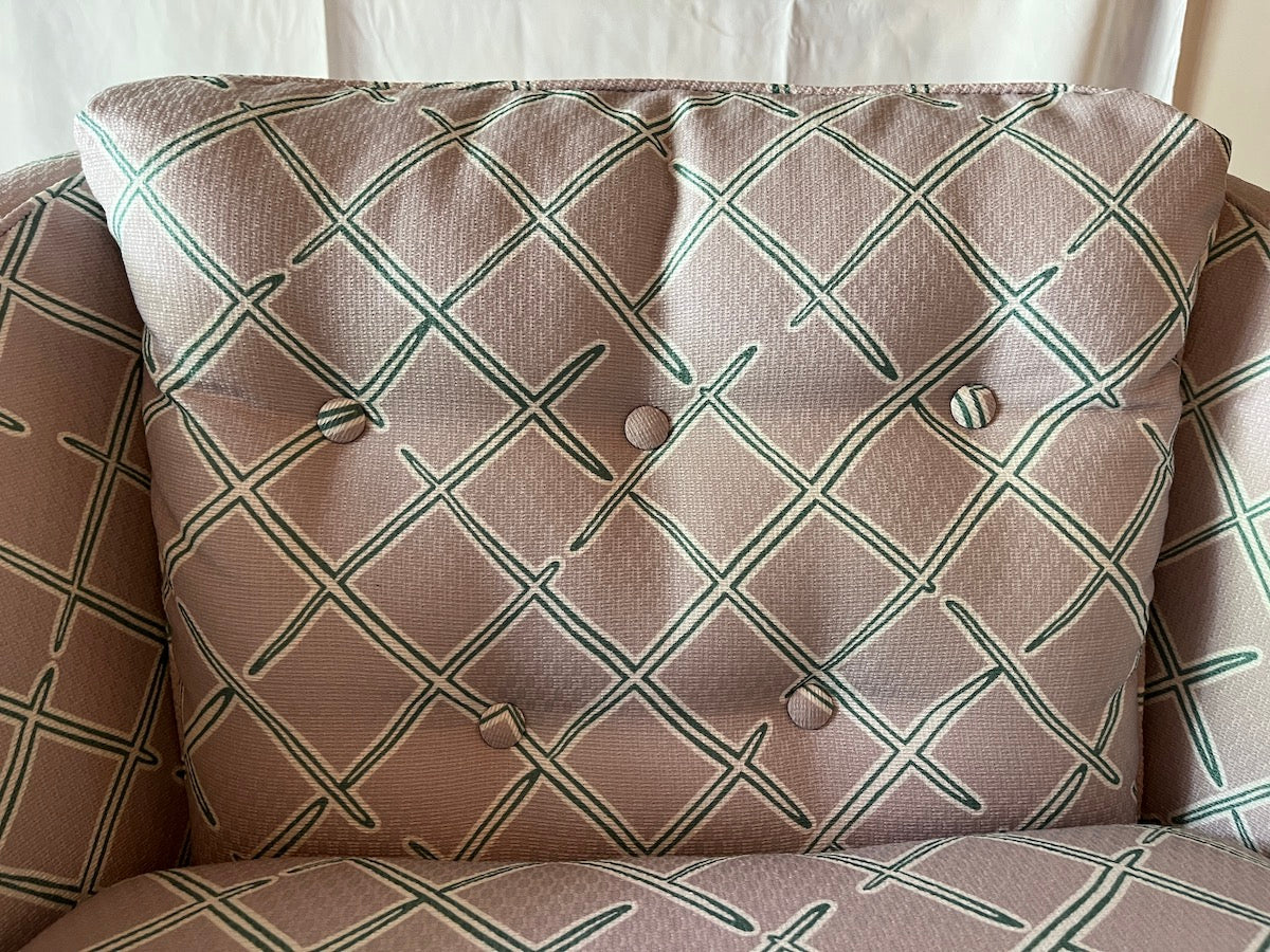 Madcap Cottage Performance Fabric Lavender/Teal-Green Trellis Armchairs, Pair