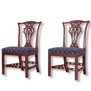 Vintage 19th-Century Red Chinoiserie English Side Chairs, Pair