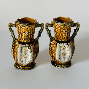 Vintage 1800s Brown English Ceramic Small Handled Vases, Pair