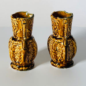 Vintage 1800s Brown English Ceramic Small Handled Vases, Pair