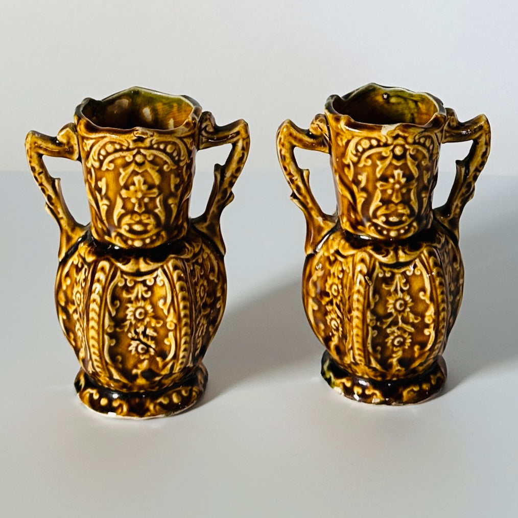 Vintage 1800s Brown English Ceramic Small Handled Vases, Pair