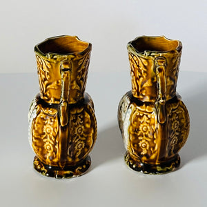 Vintage 1800s Brown English Ceramic Small Handled Vases, Pair