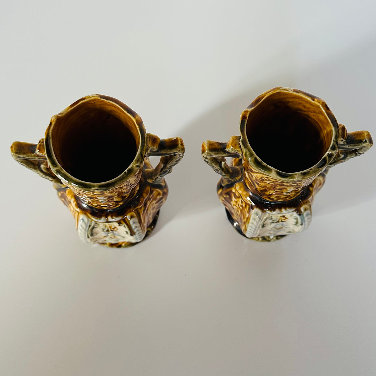 Vintage 1800s Brown English Ceramic Small Handled Vases, Pair