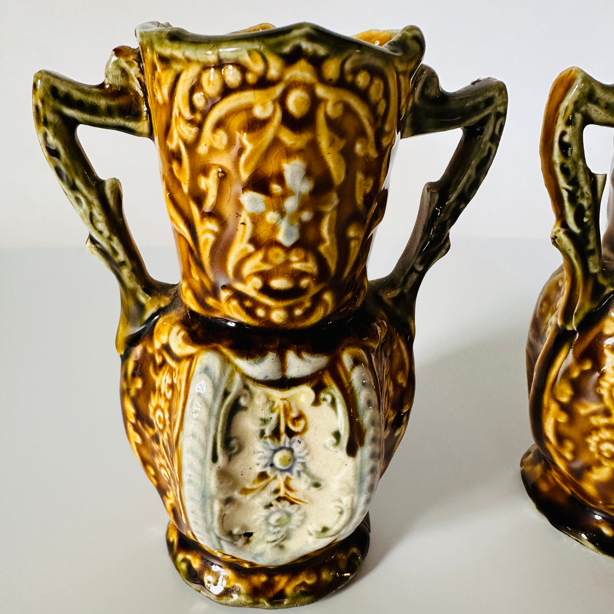 Vintage 1800s Brown English Ceramic Small Handled Vases, Pair