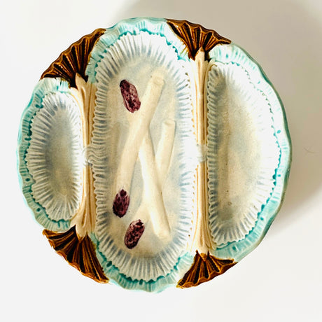 Vintage Ceramic White Asparagus Three-Part Serving Majolica Dish