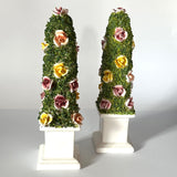 Vintage Italian Floral Ceramic Obelisk Topiaries, Set of 2