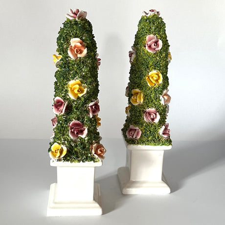 Vintage Italian Floral Ceramic Obelisk Topiaries, Set of 2