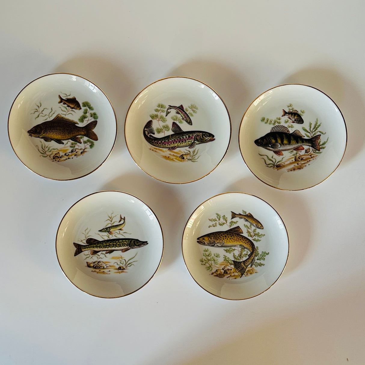 Vintage Gilt-Rimmed Fish Accent Plates, Set of 5