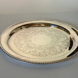 Vintage Heavy Round Silver-Plate Etched Serving Tray