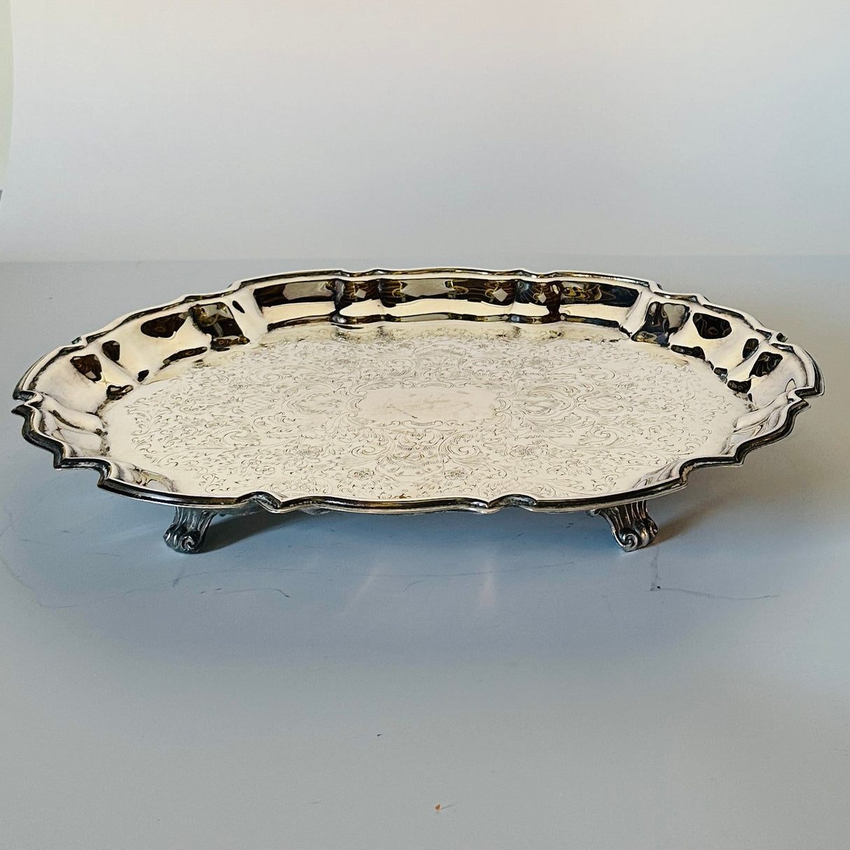 Vintage Silver-Plate Scalloped/Footed Serving Tray