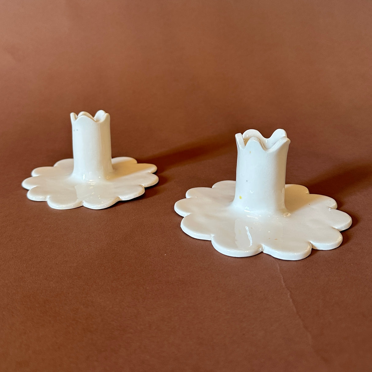 White Ceramic Scalloped Candleholders, Pair