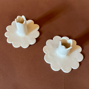 White Ceramic Scalloped Candleholders, Pair