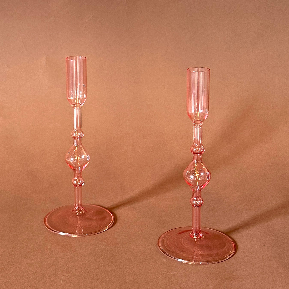 Pink Glass Candleholders, Pair