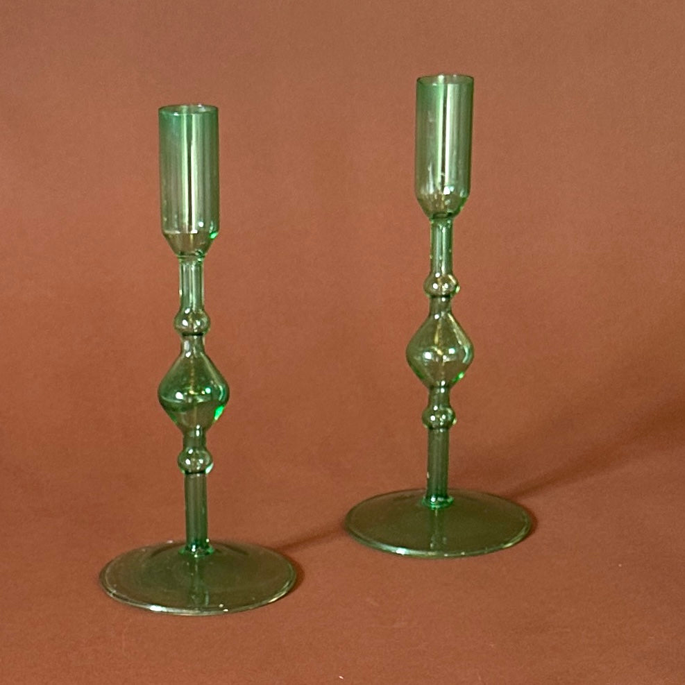 Green Glass Candleholders, Pair