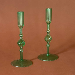 Green Glass Candleholders, Pair