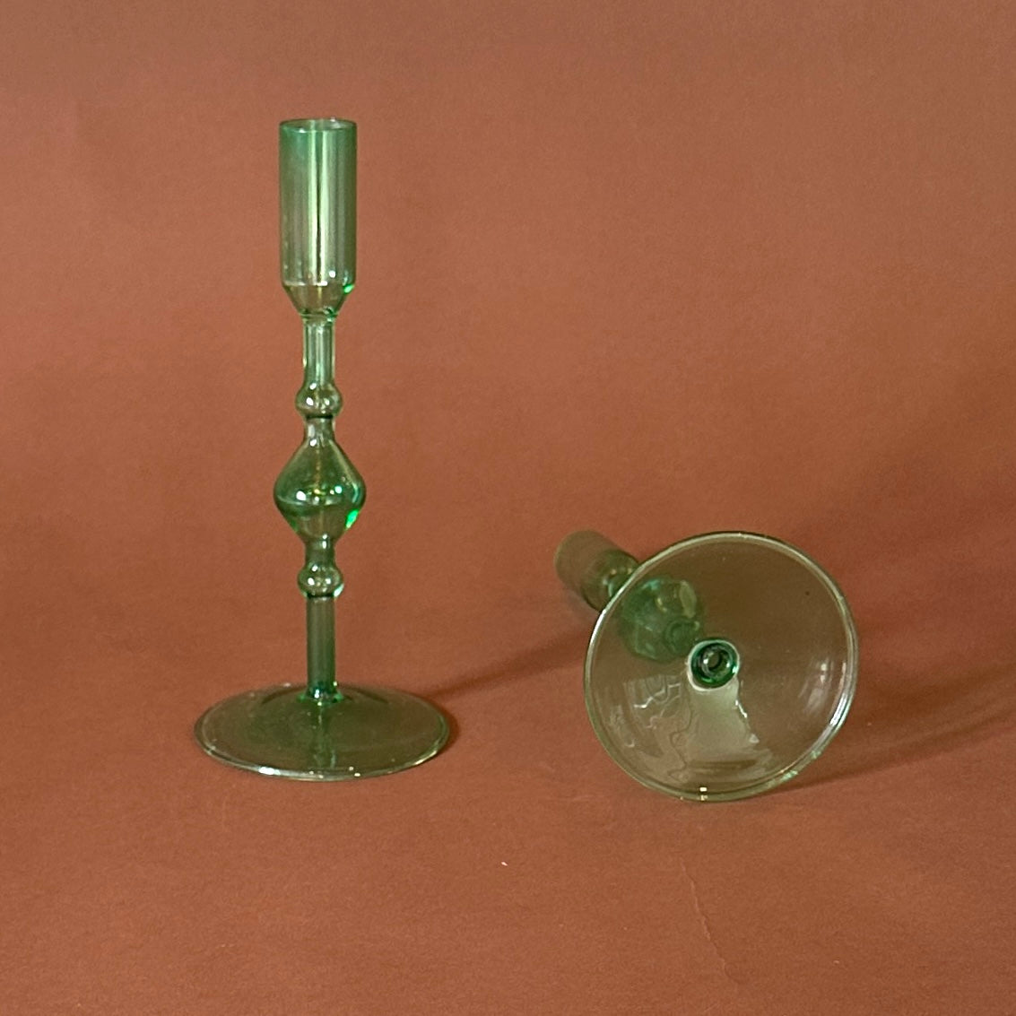 Green Glass Candleholders, Pair