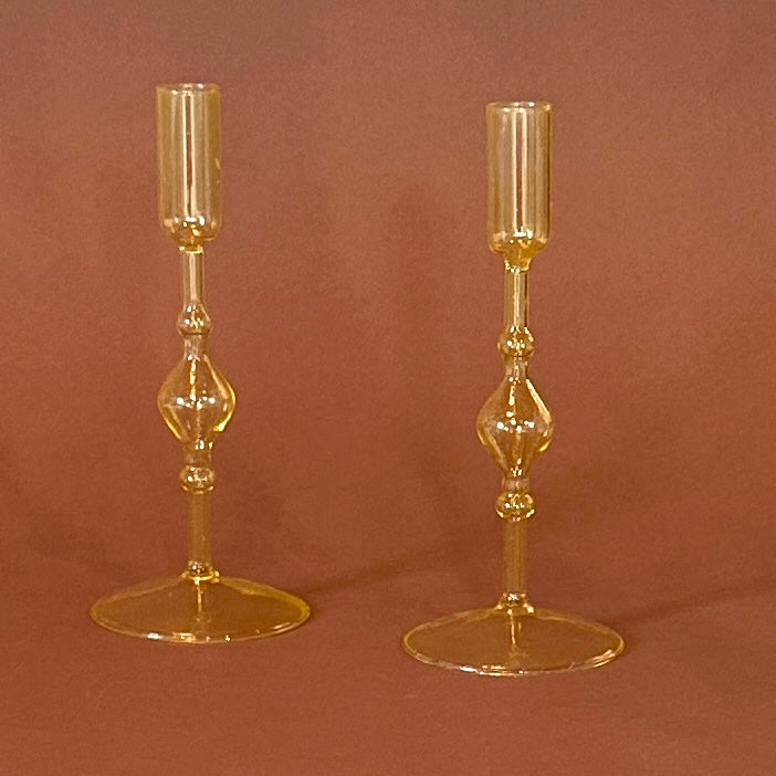 Yellow Glass Candleholders, Pair