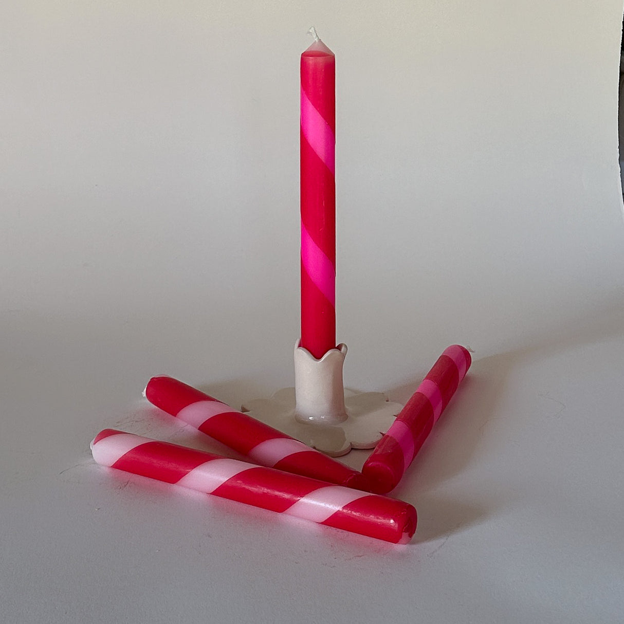 Red/Pink/White-Striped Taper Candles, Set of 4