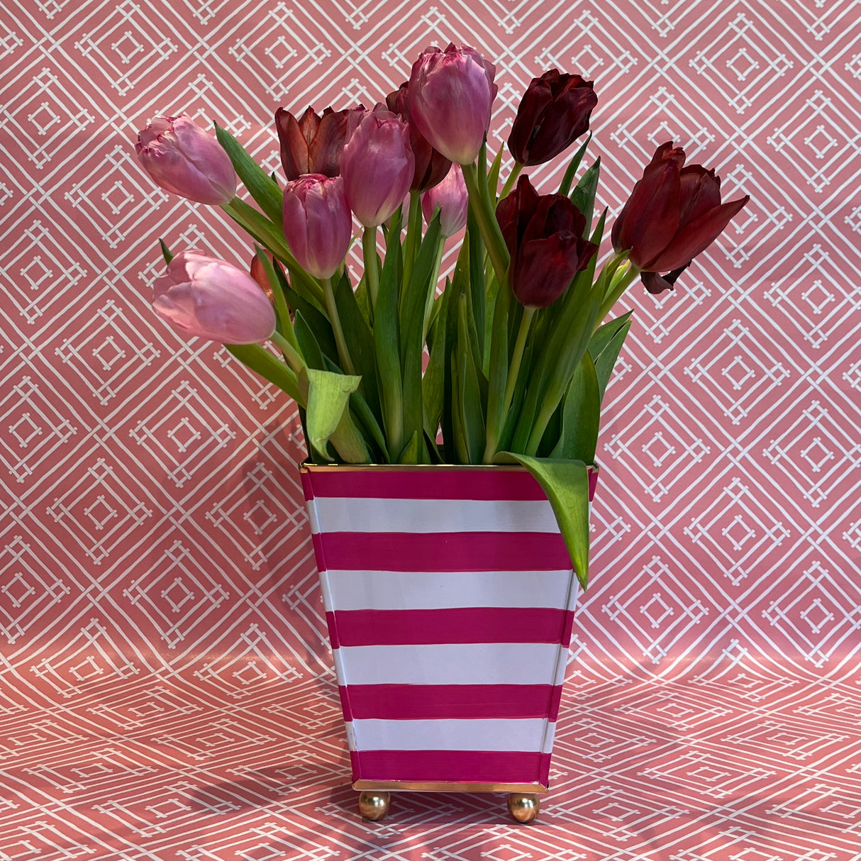Pink & White Stripe Hand-Painted Tole Planter